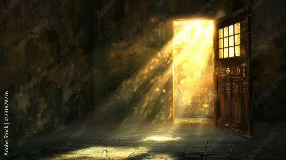 Aufkleber sunlight streams through open door, illuminating dim room with warm rays, creating serene and inviti