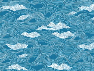 Obraz premium Sea of Swirls: Abstract blue waves and white clouds create a hypnotic and mesmerizing pattern, evoking a sense of serenity and the rhythm of the ocean. 