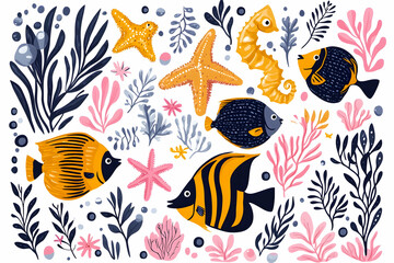 Colorful ocean fish and sea life illustration for kids' book or marine-themed design