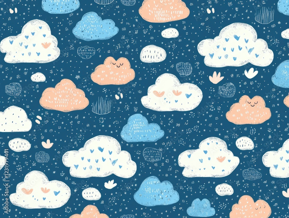Aufkleber whimsical cloud pattern: a cheerful and playful pattern featuring fluffy, hand-drawn clouds in soft 