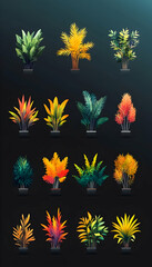 Colorful potted plants, diverse foliage, dark background, design asset