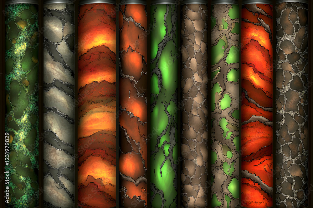 Poster colorful textured cylindrical patterns; digital art for game design or website background