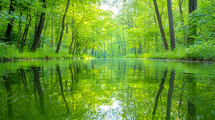Obraz premium Calm river reflecting lush green forest, summer day