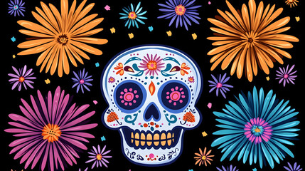 Fototapeta premium Colorful Sugar Skull Day of the Dead Floral Design