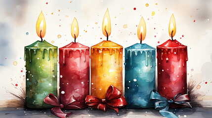 cute Christmas candles , watercolor simple style, sketch, retro illustration style, bright colors, white background
