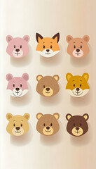 Cute animal faces; nursery decor; pastel background; children's illustration