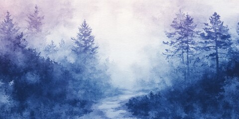 Watercolor Painting Of A Misty Forest Scene With Tall Trees