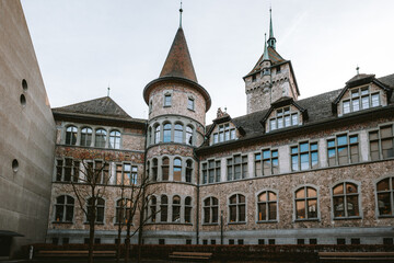 Swiss National Museum Zurich exterior view of both classic and modern architecture buildings.