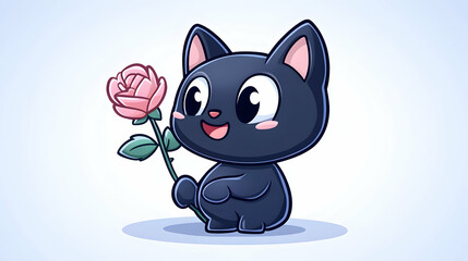 Obraz premium Cute black cat holding pink rose, romantic illustration, light blue background, Valentine's Day card
