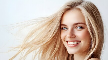 Fototapeta premium Blond woman with long hair and bright smile. Healthy skin and hair.