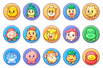 Cute cartoon animal avatars; game app icons; colorful characters; happy expressions; digital illustration; for mobile game design