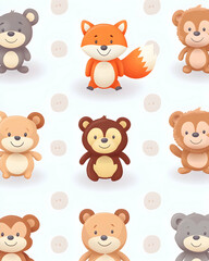 Obraz premium Cute cartoon animals pattern; bears, fox; nursery wallpaper; children's book illustration