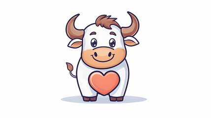 Cute cartoon bull, heart, white background, Valentine's Day greeting card