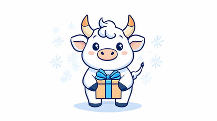 Obraz premium Cute cartoon bull holding gift, winter scene, holiday card