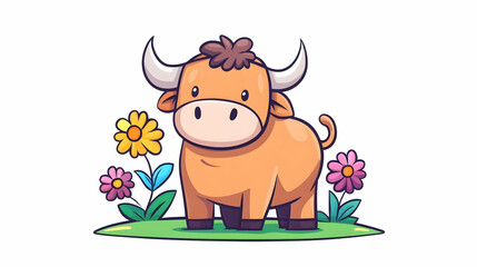 Cute cartoon bull in flower meadow; spring farm animal illustration; kids book design