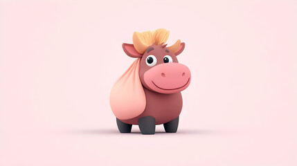 Cute cartoon bull, pink background, 3D render, children's book illustration