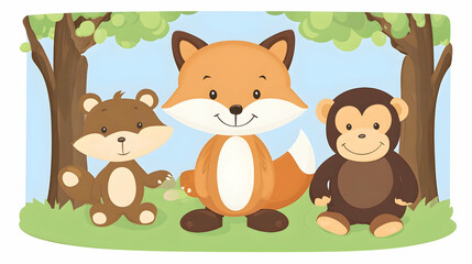 Fototapeta premium Cute fox, bear, and monkey friends in a forest; kids' book illustration