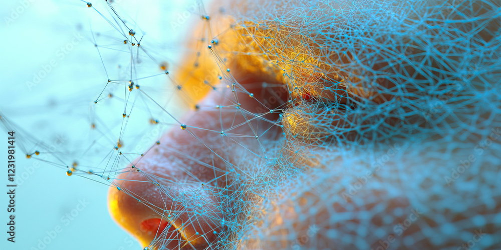 Poster abstract image: facial feature partially obscured by network mesh