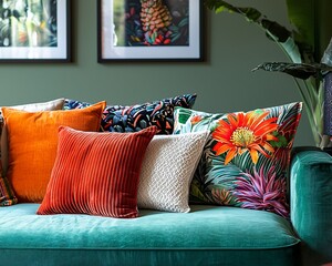 Teal velvet sofa with colorful cushions and tropical prints.