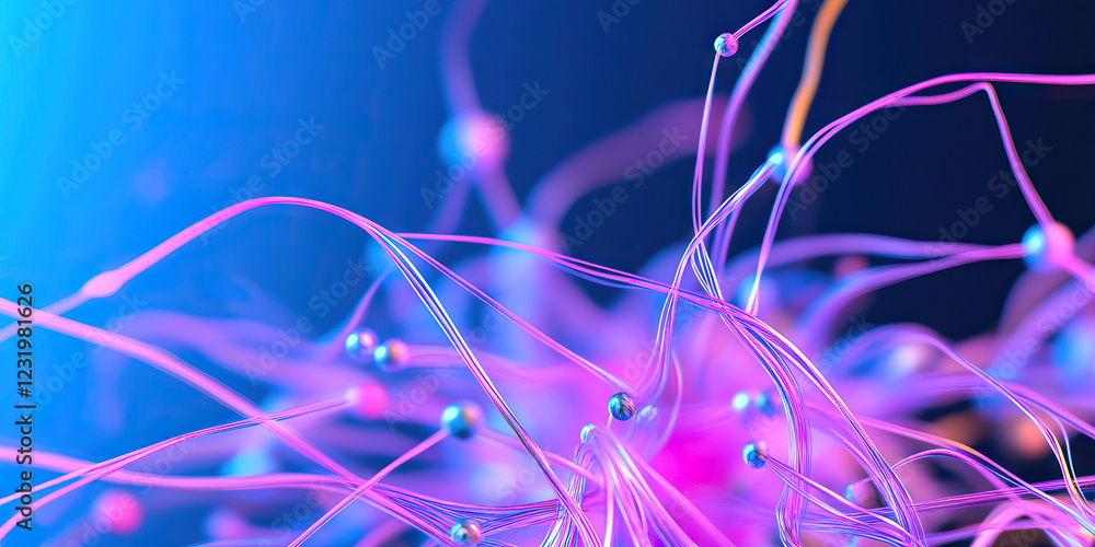 Poster abstract network of interconnected glowing strands with metallic spheres