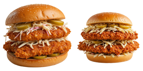 Spicy club sandwich with crispy fried chicken fillet, coleslaw, and pickles

