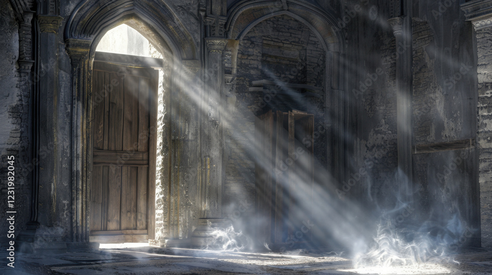 Poster ancient ruins with sunlight streaming through open door, creating mystical atmosphere. dust particle
