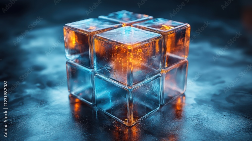 Leinwandbilder a visually striking ice cube arrangement with vibrant blue and orange lighting, creating an artistic