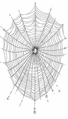 Obraz premium Detailed spiderweb illustration, dew drops, white background, nature imagery, for educational use