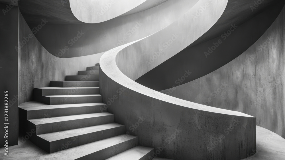 Poster modern, abstract staircase with smooth curves and sharp angles, showcasing minimalist design in mono