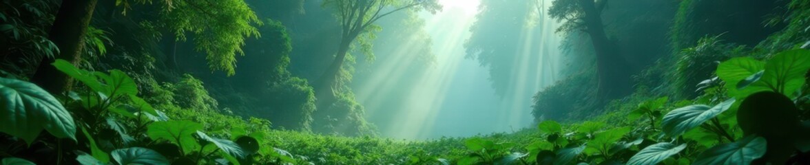 Fototapeta premium Dense emerald canopy, steam rising from jungle floor, shadow, flora