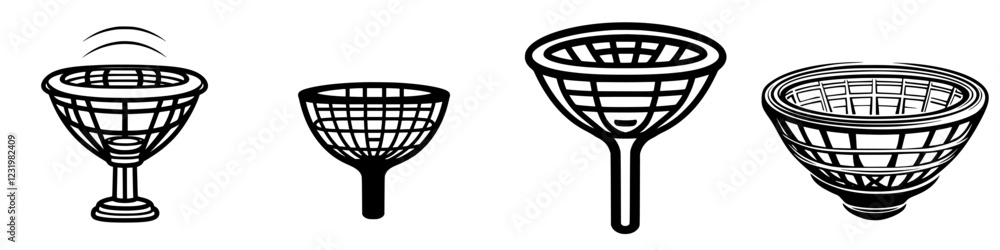 Poster various designs of strainers and colanders showcasing different shapes and sizes for kitchen use