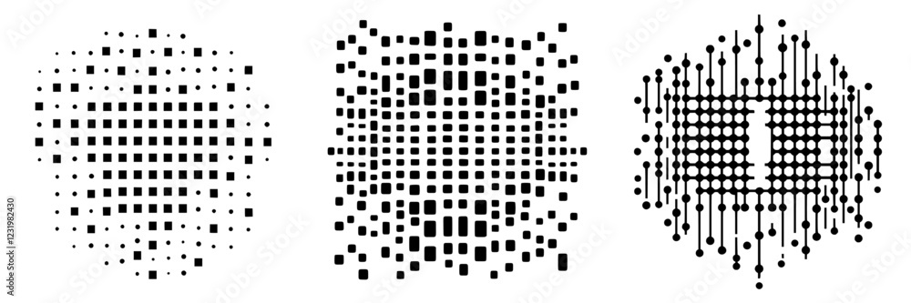 Poster patterns of black and white geometric shapes displayed in a grid format showcasing different formati