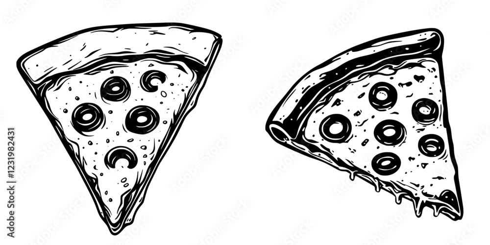 Poster two slices of pizza with different toppings displayed on a plain background