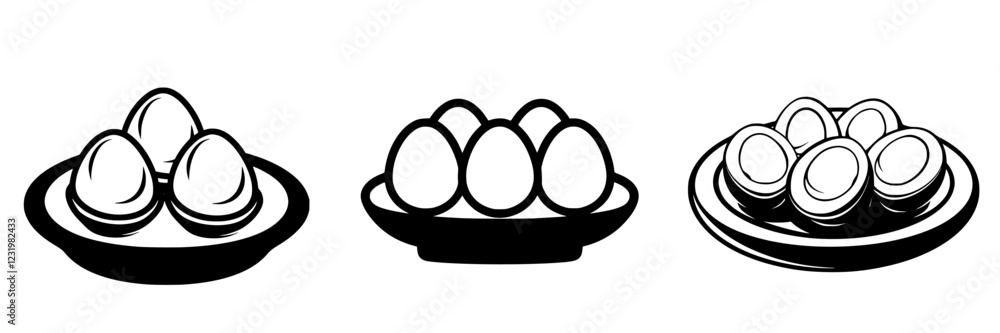 Poster variations of eggs displayed on different plates showcasing culinary diversity