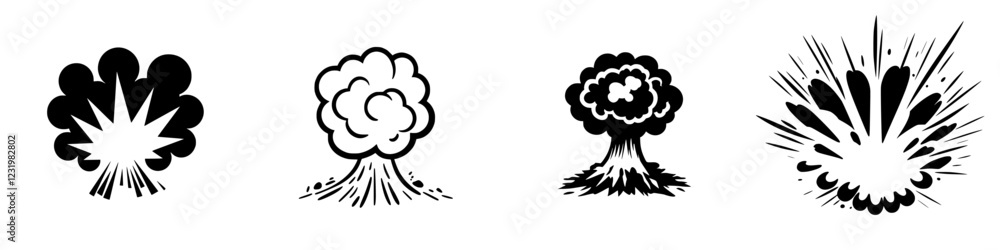 Poster explosion icons depicting various types of blasts in a monochrome style suitable for graphic design 