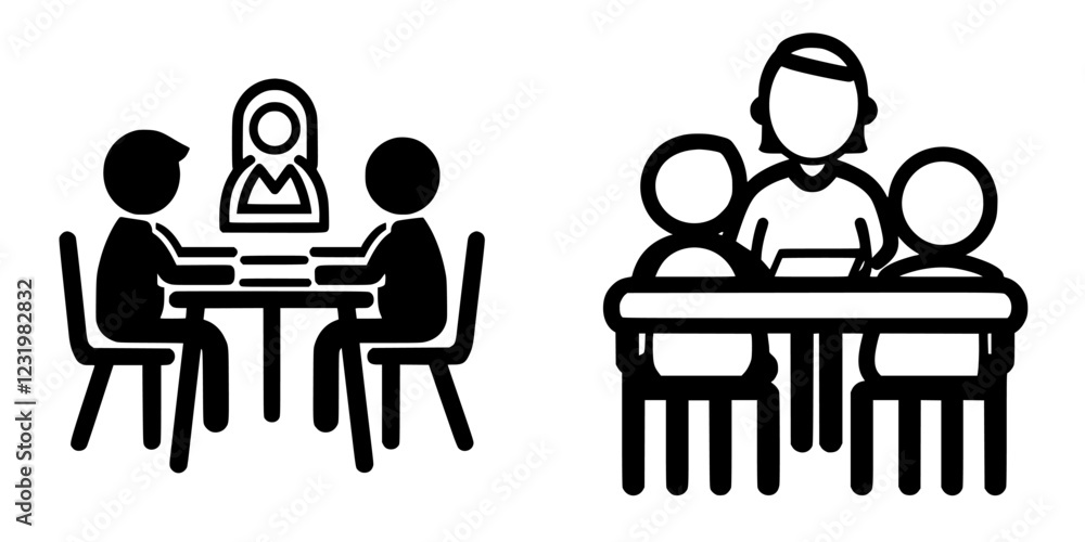 Poster meeting between multiple individuals discussing ideas and sharing information in a collaborative set