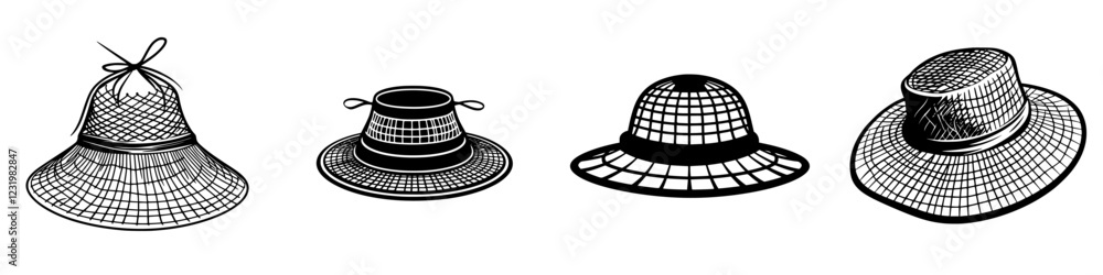 Poster various types of hats displayed in a simple black and white style showing different designs and shap