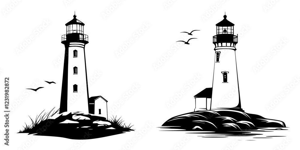 Poster two distinct lighthouse designs surrounded by rocks and seagulls in a coastal setting