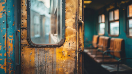 Rusty train door with vintage seating in abandoned carriage, showcasing weathered textures and colors that evoke nostalgia and history