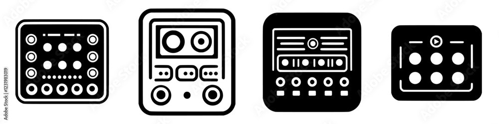 Poster control panel designs with various button arrangements for electronic devices displayed in a grid fo
