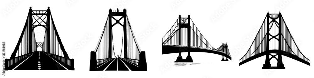 Poster various styles of suspension bridges showcasing engineering design and architecture in a seamless la