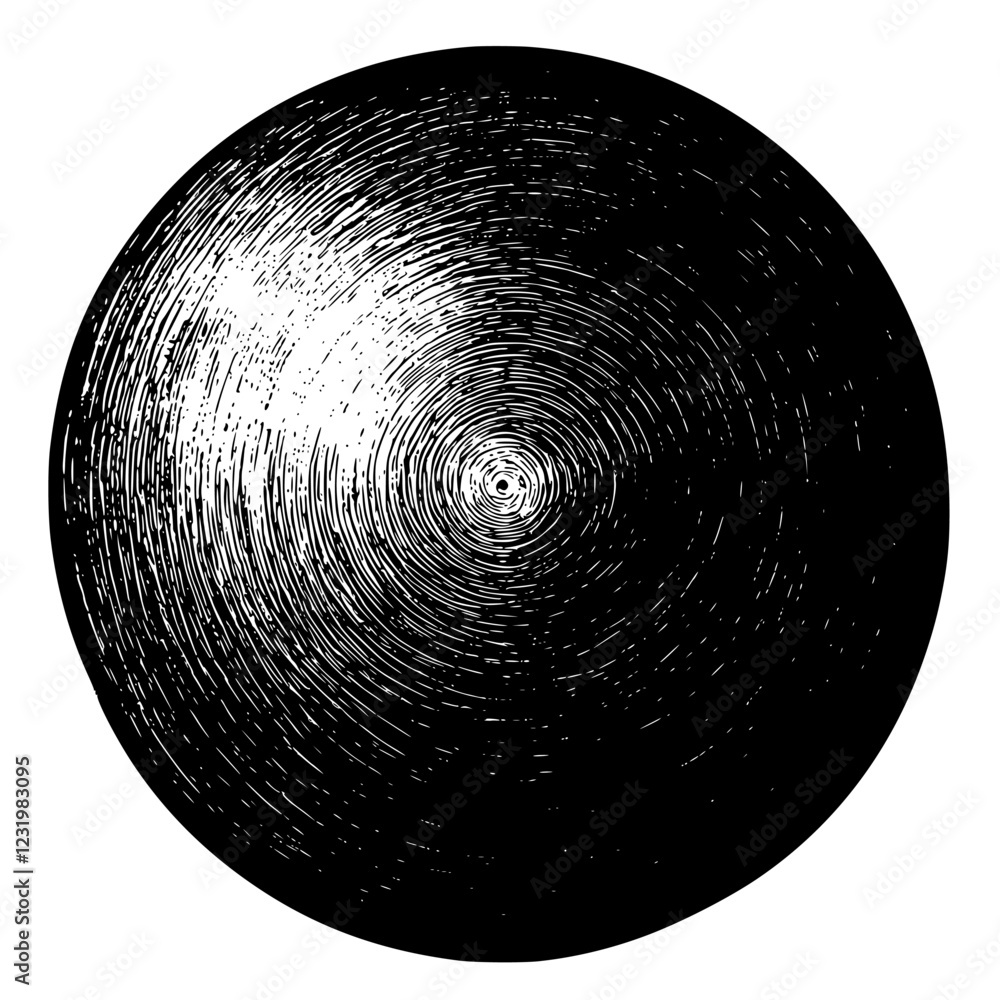 Poster abstract circular design with intricate linear patterns resembling a vinyl record or a hypnotic visu