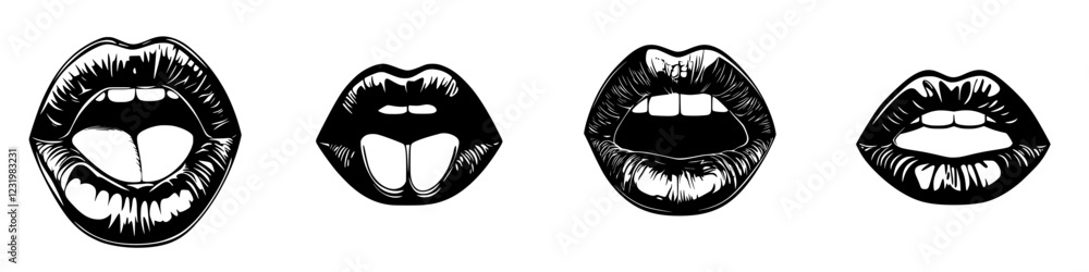 Poster various styles of open lips expressing different emotions and poses in black and white design