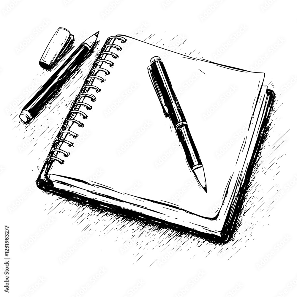 Poster notebook and writing instruments on a table with a blank page ready for ideas at a quiet study locat