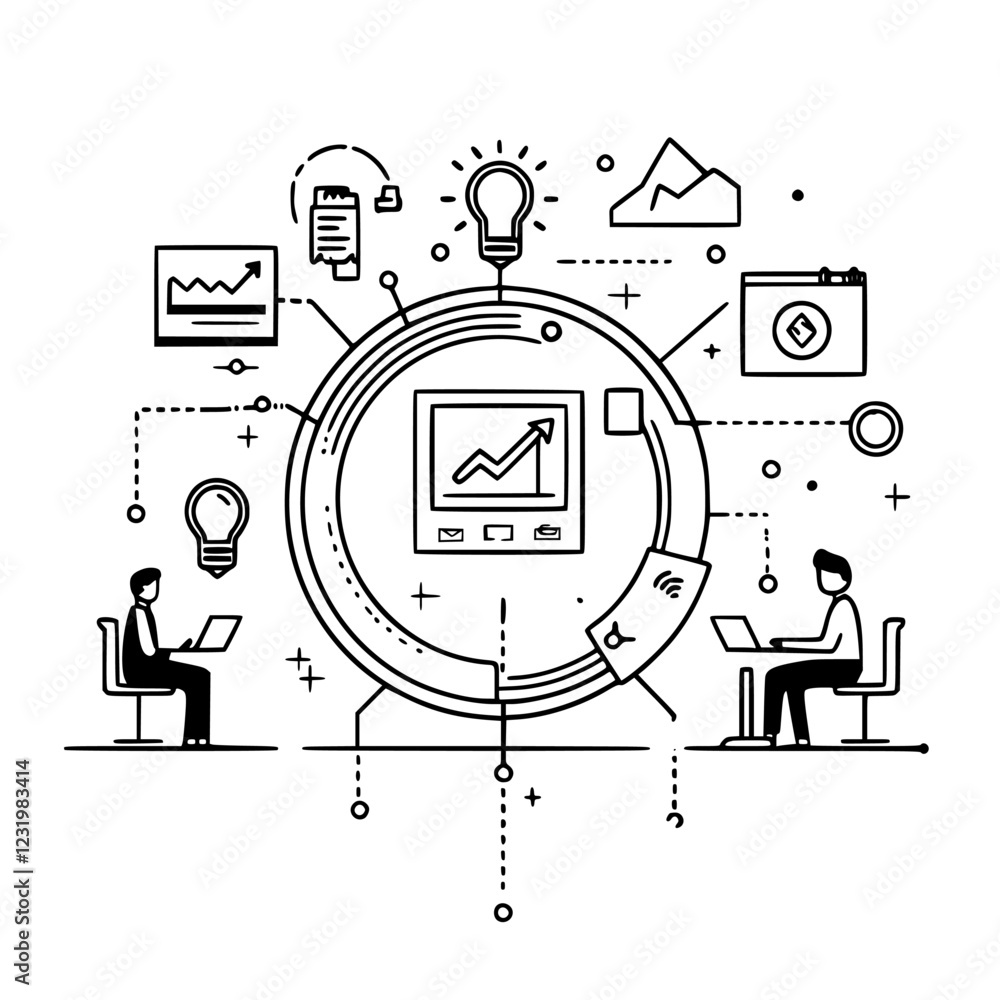 Poster innovative teamwork in digital project management with data visualization tools and creative brainst