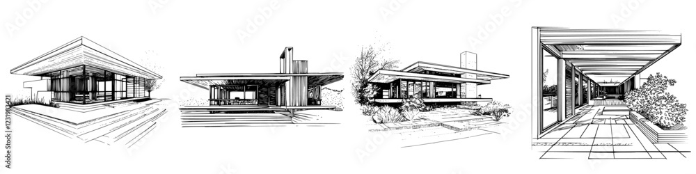 Poster modern architectural sketches showcasing minimalist design principles and open space concepts in a s