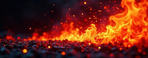 Fiery red sparks burst from intense flames, glowing embers , energy, hot
