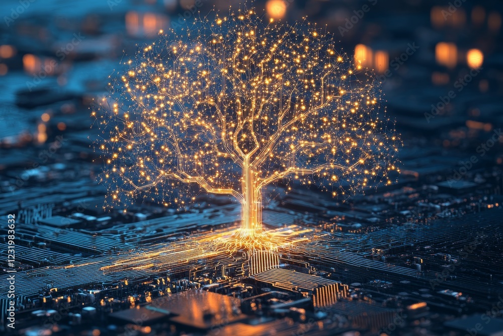 Poster digital tree with branching circuitry emerging from a microchip.