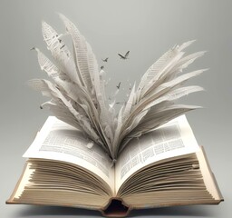Illustration of open book pages with flying text.