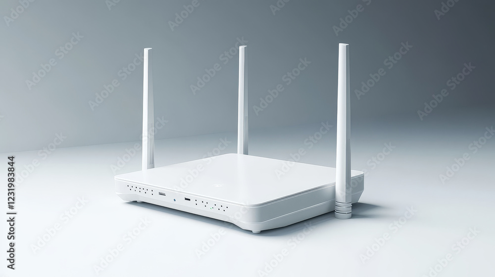Poster wifi router front and side view mockup, blank home device with antennas for wireless internet connec